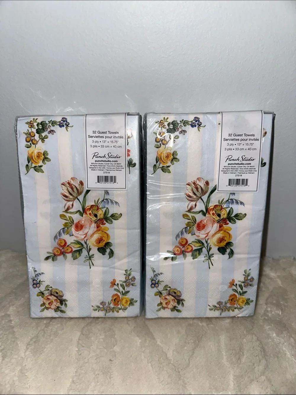 Punch Studio 32 x 2pk Guest Paper Towel Napkins White Blue Floral Stripe Print